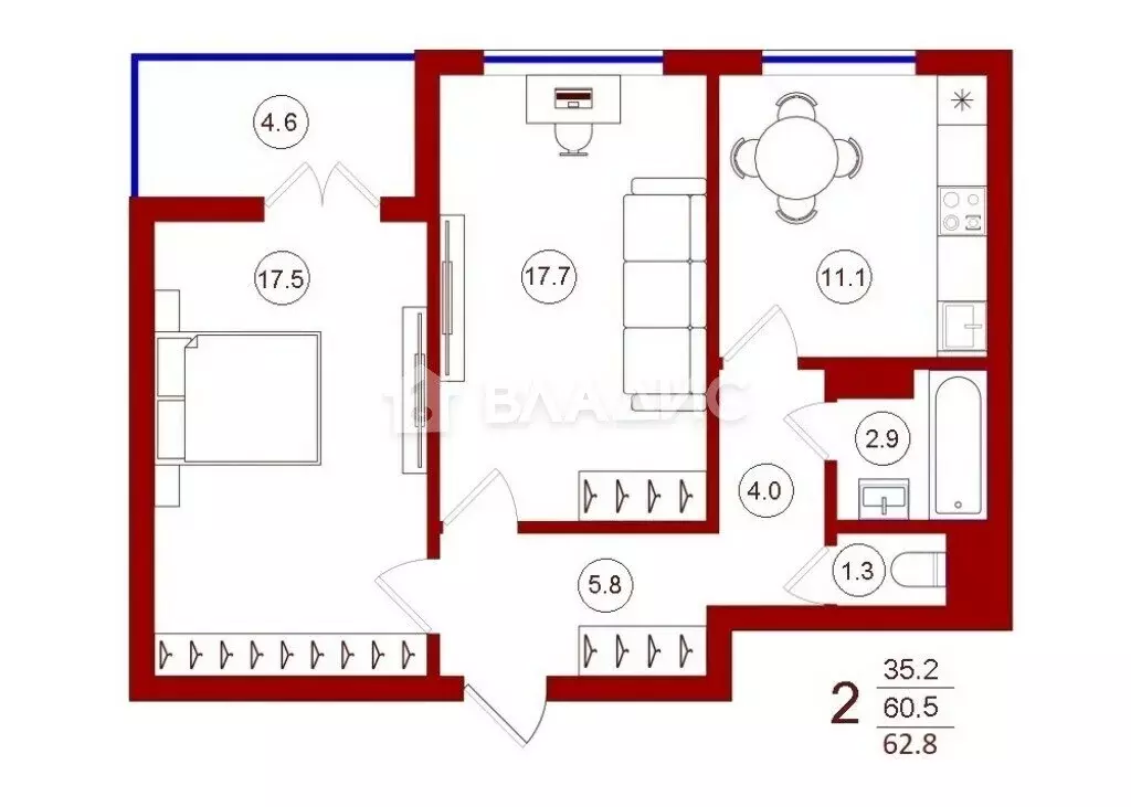 2-комнатная квартира: Воронеж, улица Ключникова, 14к4 (60.3 м) - Фото 1
