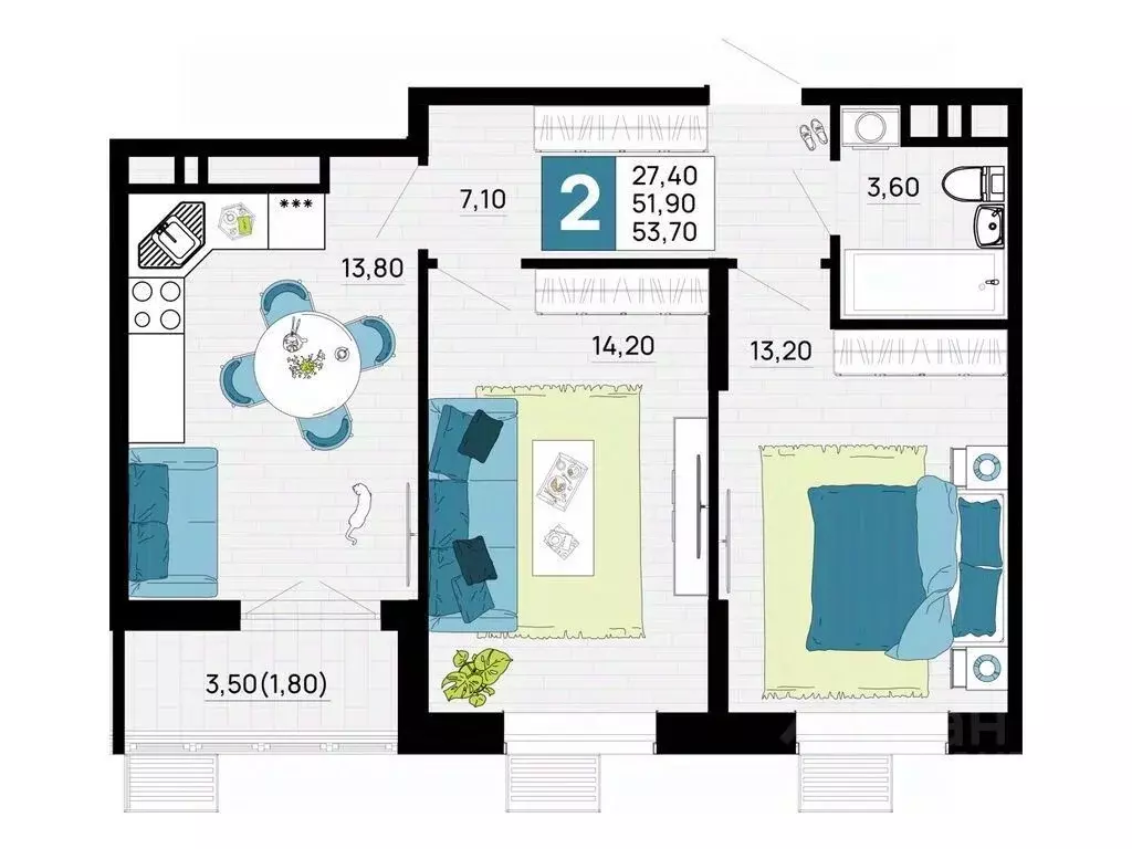 2-к кв. Адыгея, Тахтамукайский район, Яблоновский пгт  (53.7 м) - Фото 1