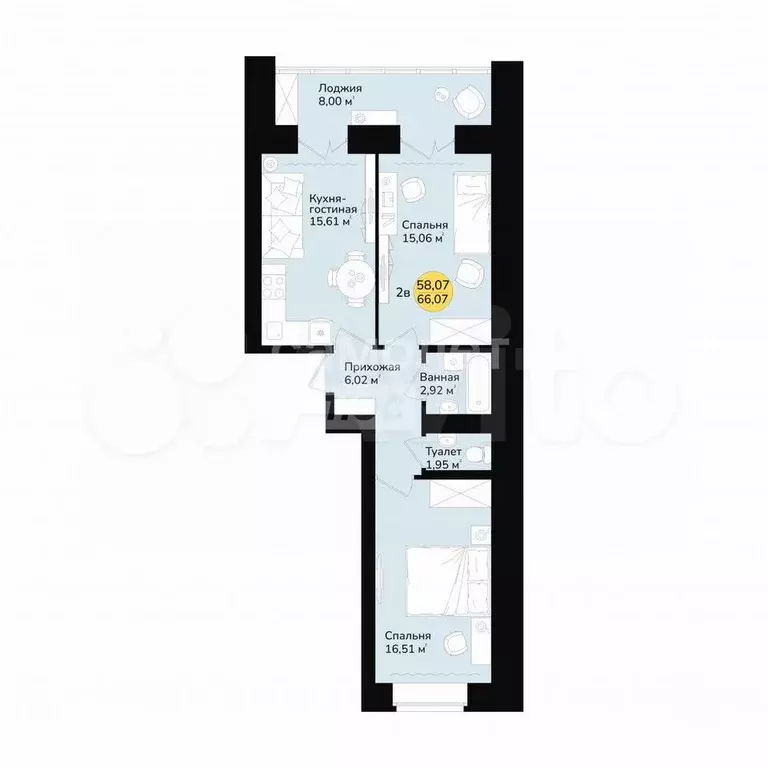 2-к. квартира, 66,1 м, 3/9 эт. - Фото 1