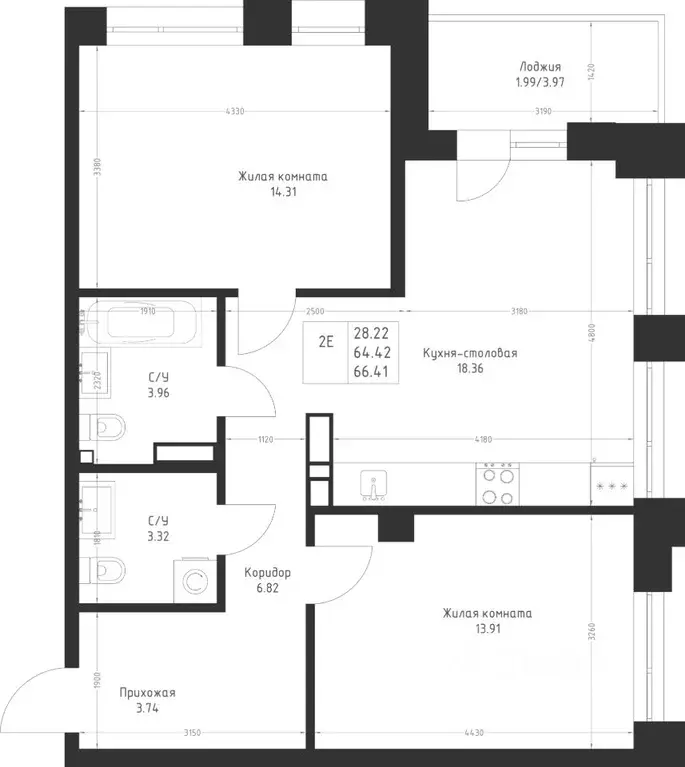 2-к кв. Татарстан, Казань Седьмое Небо жилрайон,  (66.41 м) - Фото 2