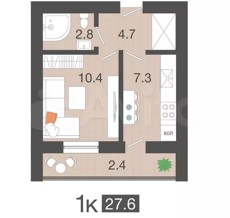 1-к. квартира, 27,6м, 3/4эт. - Фото 1