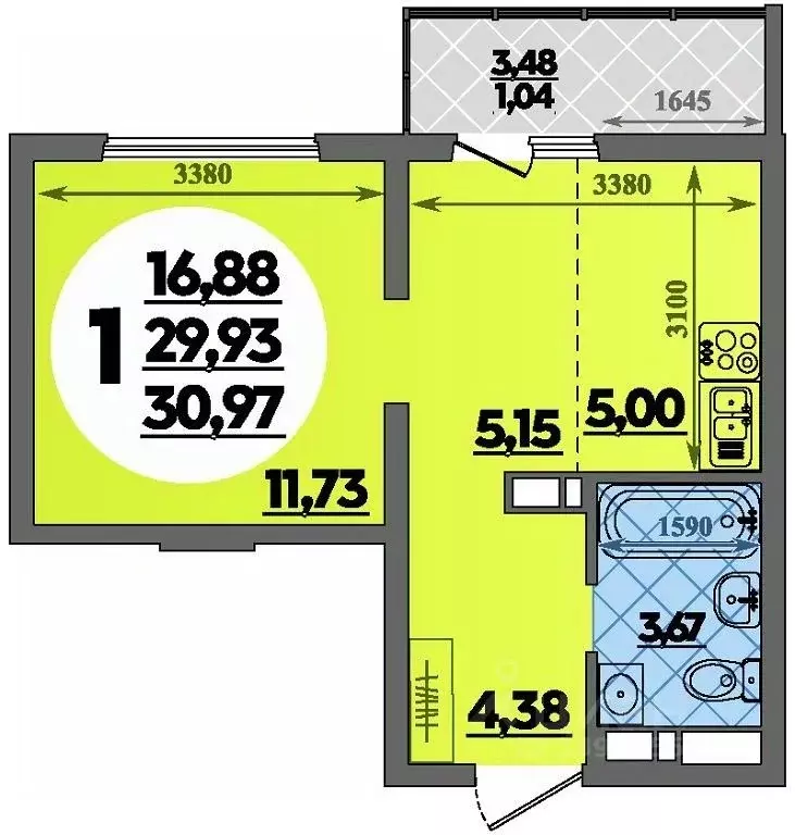 Студия Адыгея, Майкоп ул. Михайлова, 7 (30.97 м) - Фото 1