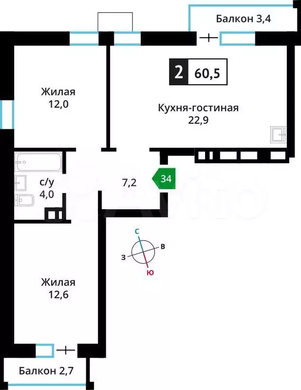 2-к. квартира, 60,5 м, 2/6 эт. - Фото 0