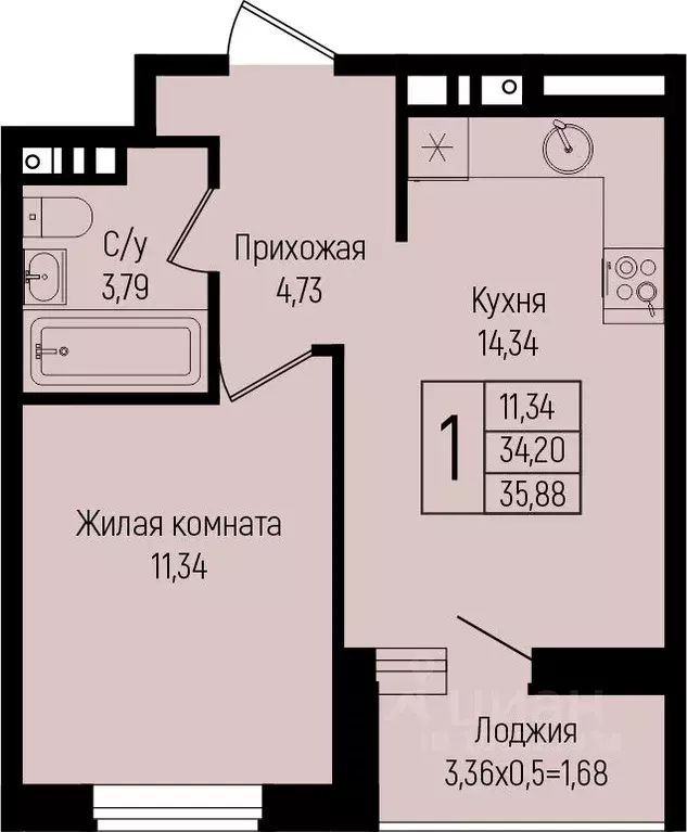 1-к кв. Краснодарский край, Краснодар ул. Михаила Барибана (35.88 м) - Фото 0