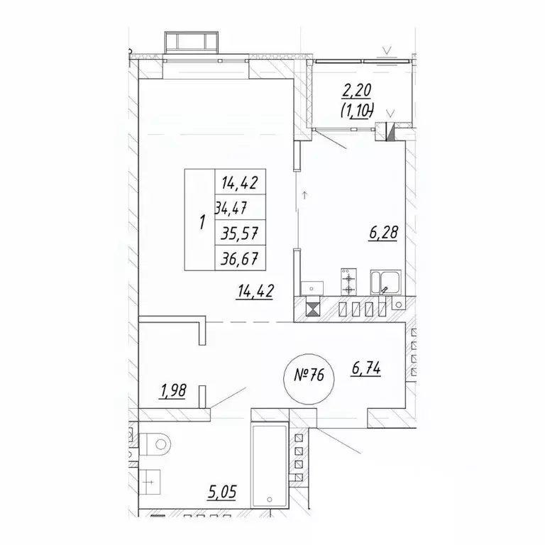 1-к кв. Калининградская область, Зеленоградск  (35.57 м) - Фото 2