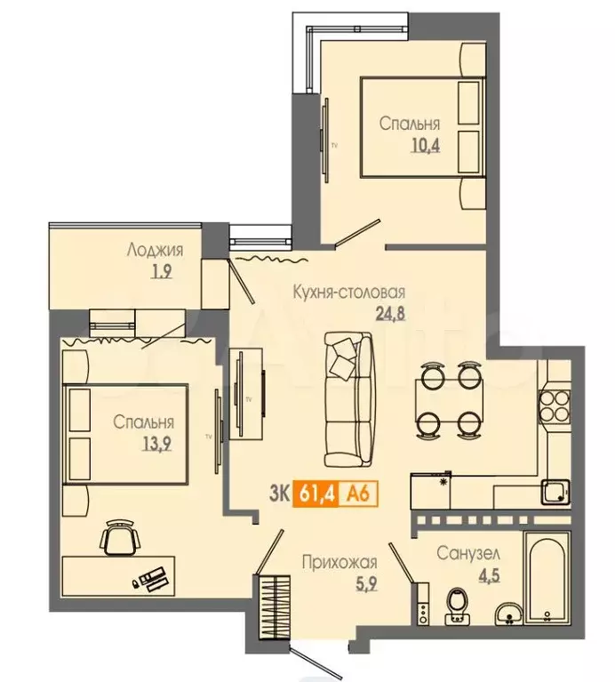 3-к. квартира, 60 м, 16/17 эт. - Фото 0