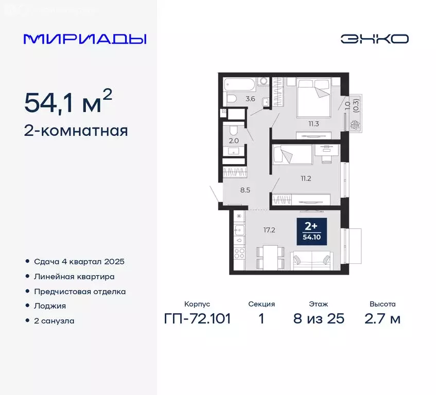 2-комнатная квартира: Тюмень, Ленинский округ (54.1 м) - Фото 0