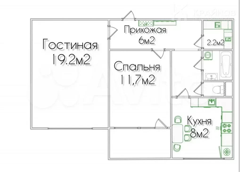2-к. квартира, 55,5 м, 2/10 эт. - Фото 0