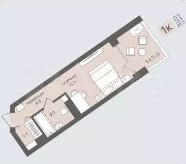Апартаменты-студия, 28,9 м, 3/5 эт. - Фото 1