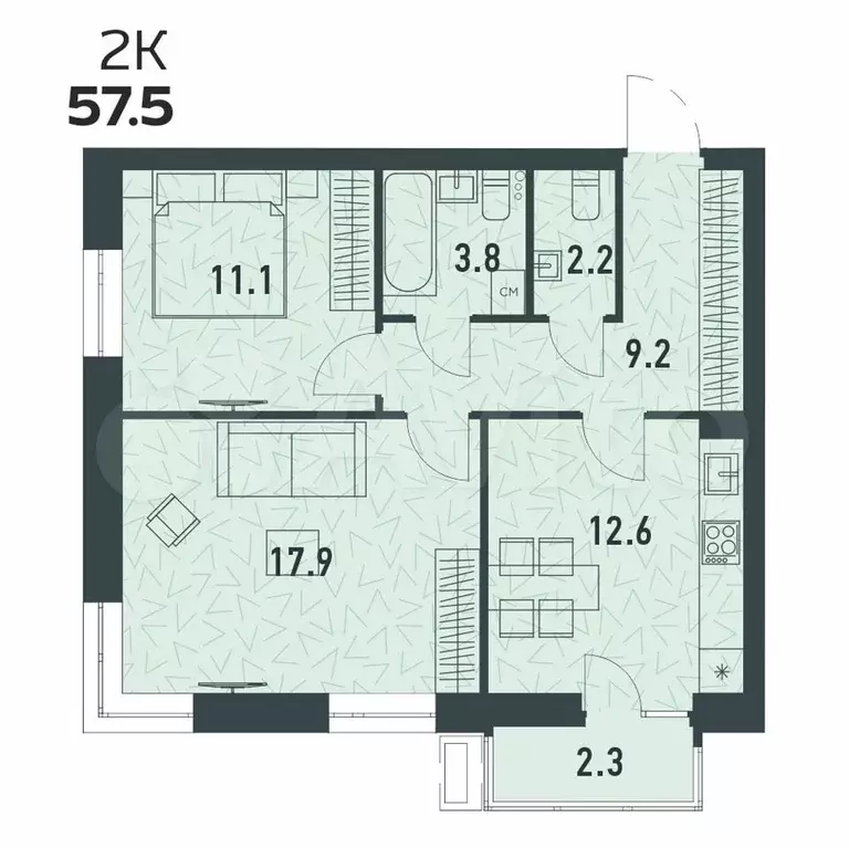 2-к. квартира, 57.5 м, 6/16 эт. - Фото 0