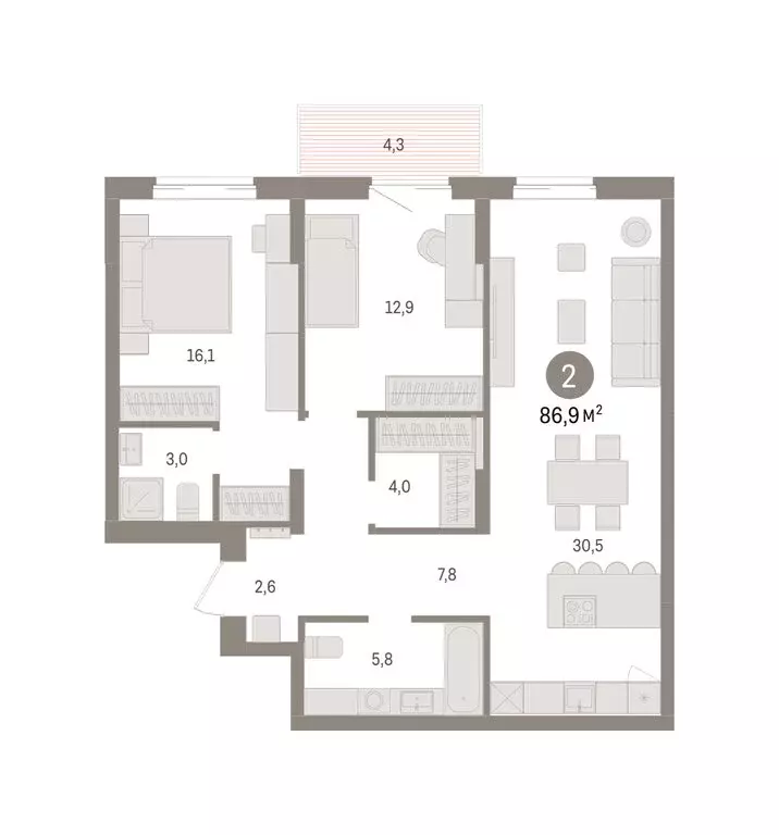 2-комнатная квартира: Омск, ЖК Кварталы Драверта (86.94 м) - Фото 2