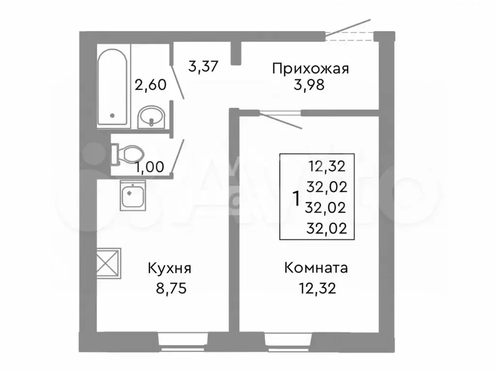 1-к. квартира, 32 м, 2/10 эт. - Фото 0