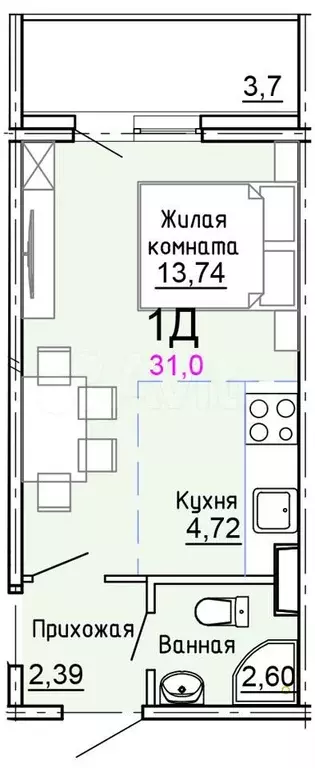 Квартира-студия, 31 м, 7/17 эт. - Фото 0