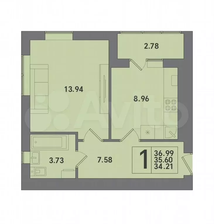 1-к. квартира, 37 м, 4/10 эт. - Фото 1