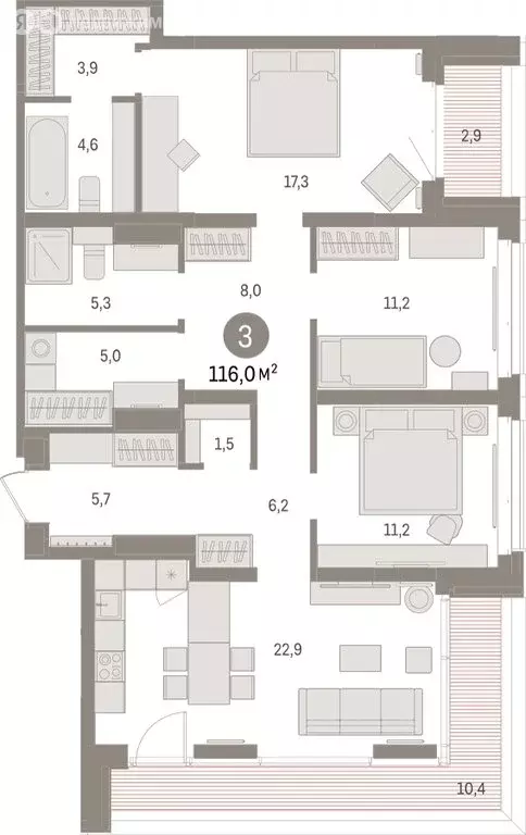 3-комнатная квартира: Тюмень, жилой комплекс На Минской (116 м) - Фото 1