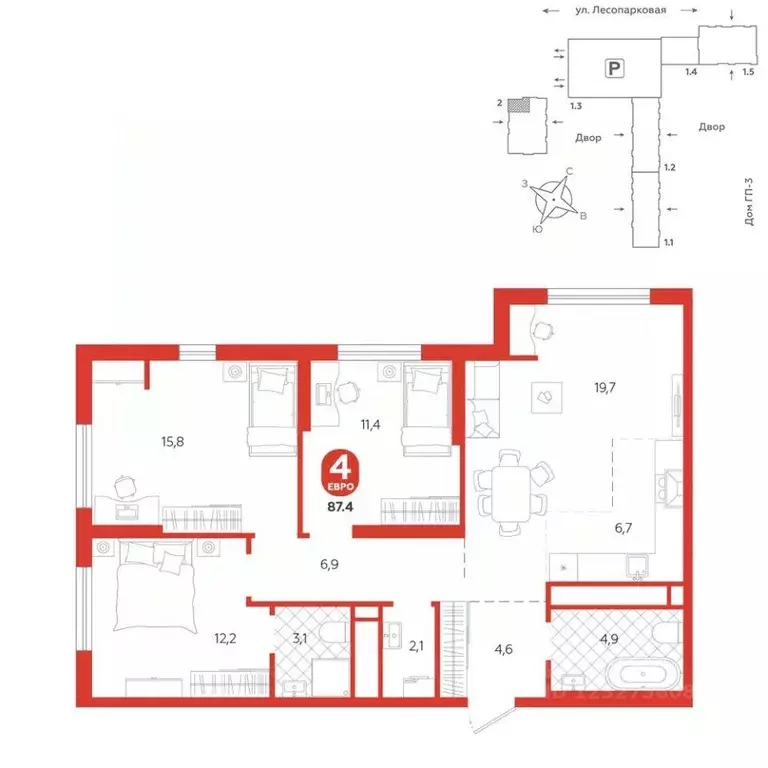 3-к кв. Тюменская область, Тюмень ул. Лесопарковая, 20 (87.4 м) - Фото 0