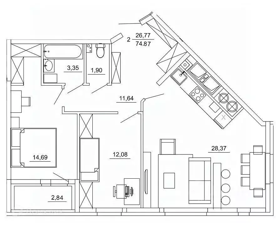 2-к кв. Рязанская область, Рязань ул. Земнухова (74.87 м) - Фото 1