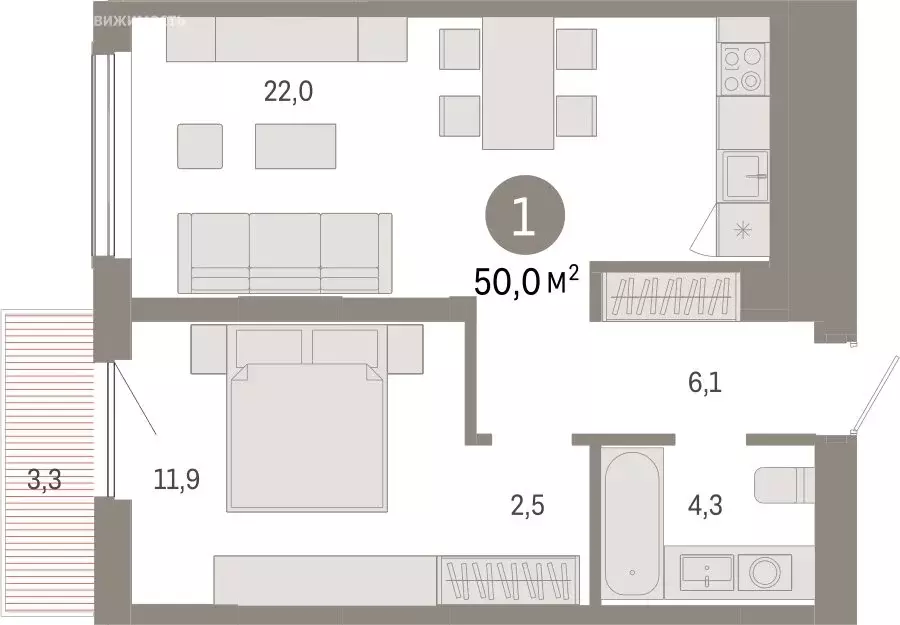 1-комнатная квартира: Новосибирск, Большевистская улица, с49 (50.03 м) - Фото 1