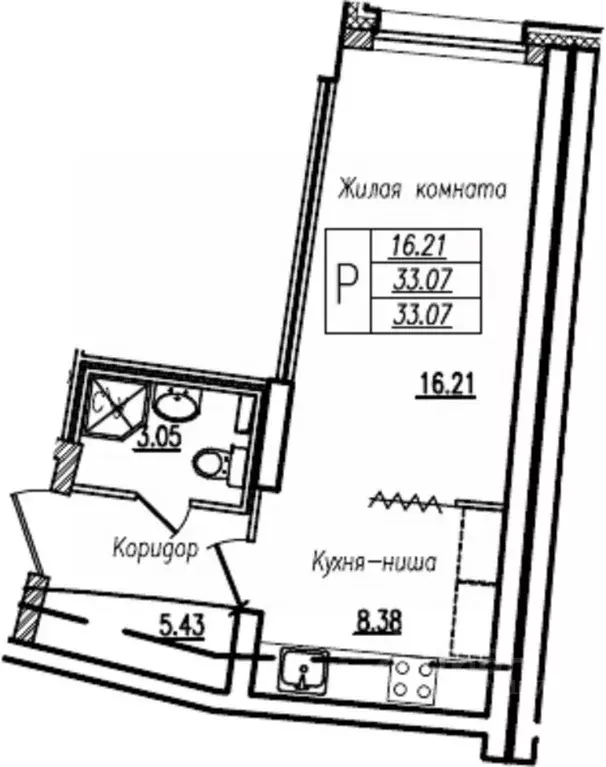 Студия Санкт-Петербург ул. Кустодиева, 7к2 (33.07 м) - Фото 1