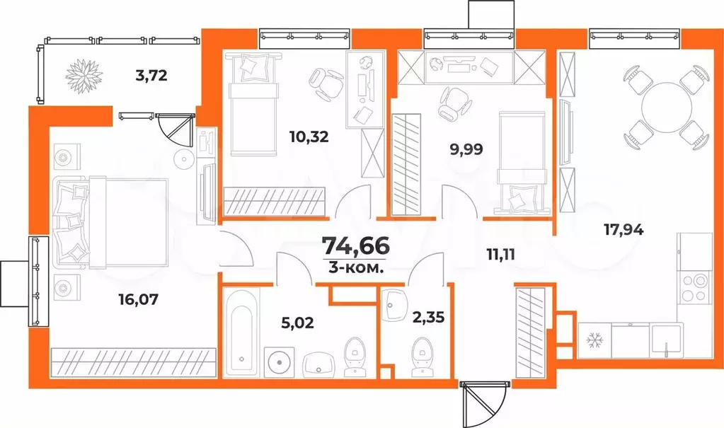 3-к. квартира, 74,7 м, 3/10 эт. - Фото 0