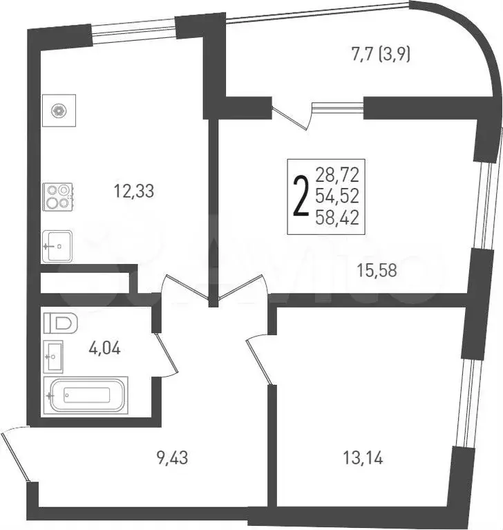 2-к. квартира, 58,4 м, 22/24 эт. - Фото 1