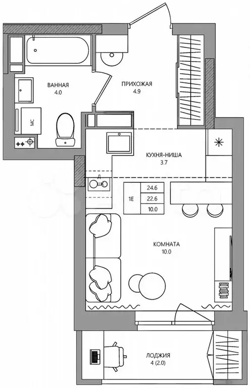 Квартира-студия, 24,6 м, 9/16 эт. - Фото 0