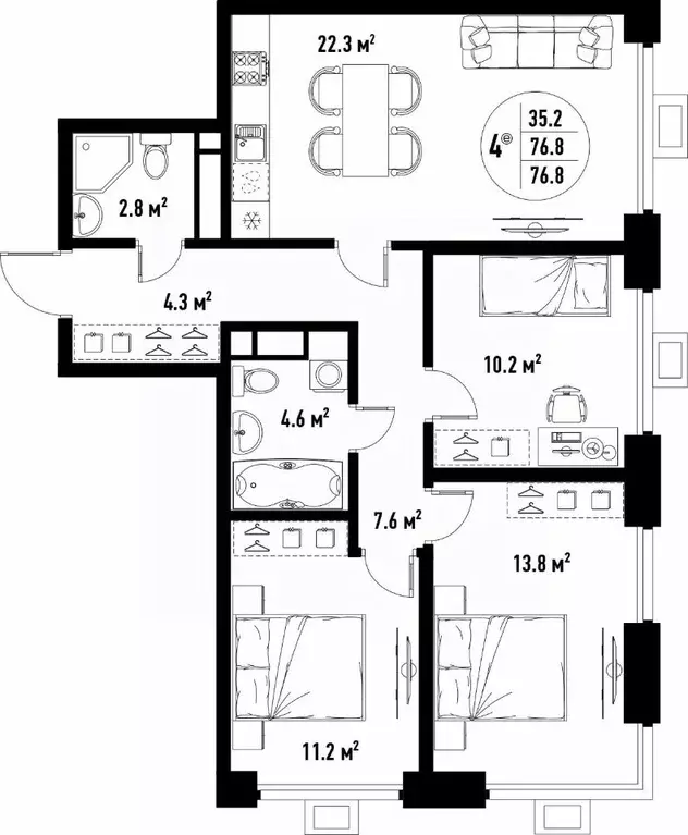 4-к кв. Астраханская область, Астрахань ул. Бэра, 29 (76.8 м) - Фото 2