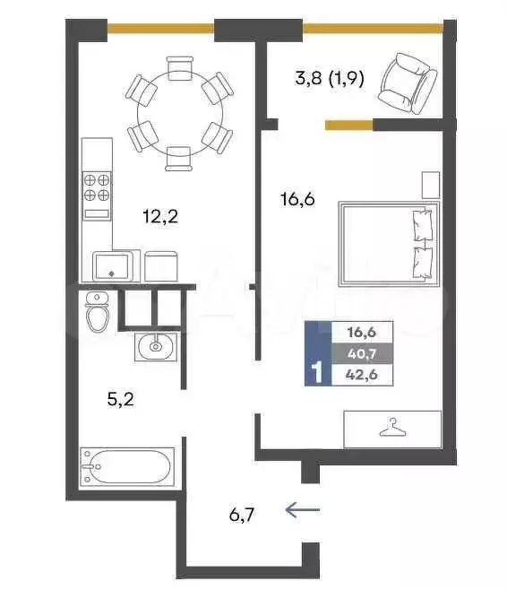 1-к. квартира, 42,7 м, 1/4 эт. - Фото 1