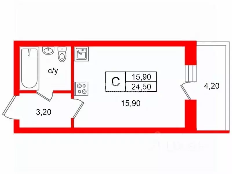 Студия Санкт-Петербург ул. Среднерогатская, 20 (24.5 м) - Фото 2