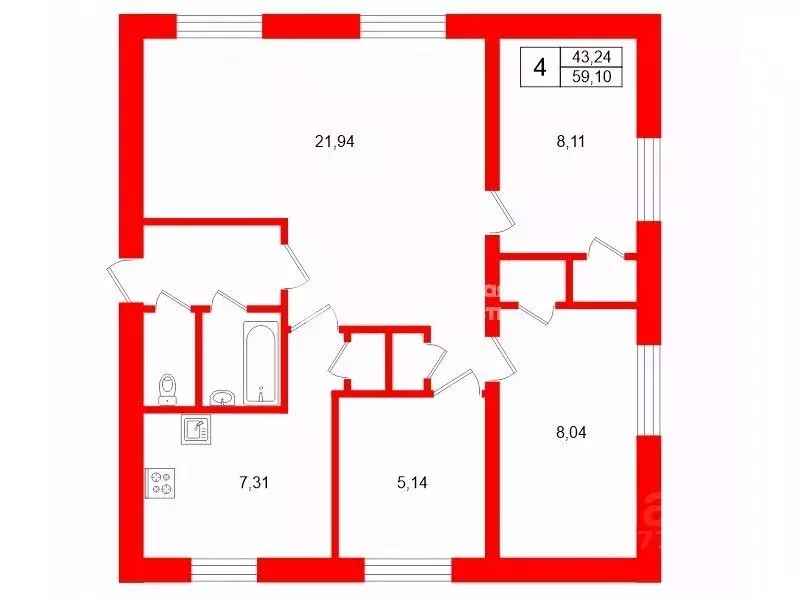4-к кв. Санкт-Петербург ул. Козлова, 45К2 (59.1 м) - Фото 2