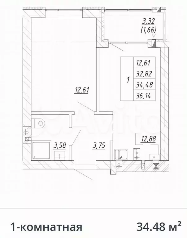 1-к. квартира, 34,5 м, 3/4 эт. - Фото 1