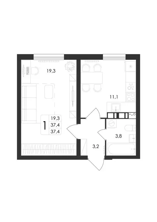 1-комнатная квартира: Ямное, Просёлочная улица, 2к5 (37.4 м) - Фото 1