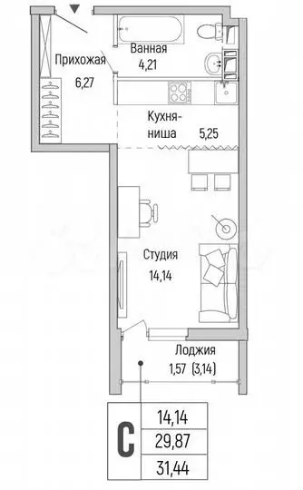 Квартира-студия, 31,4м, 9/9эт. - Фото 0