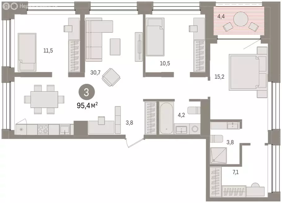 3-комнатная квартира: Тюмень, улица Муравленко, 9/2 (95.38 м) - Фото 1