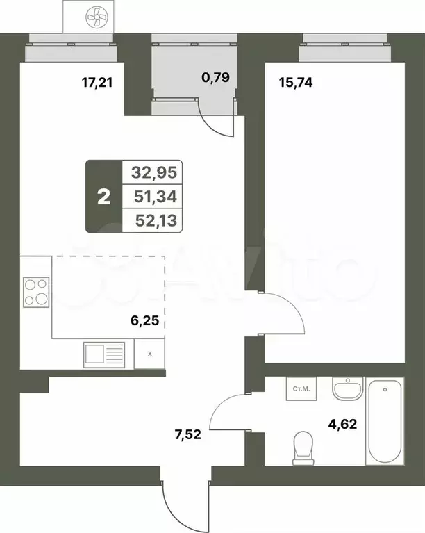 2-к. квартира, 52,1 м, 7/12 эт. - Фото 0