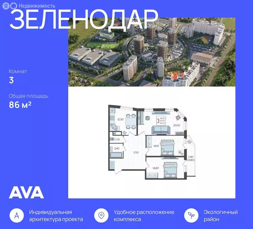 3-комнатная квартира: Краснодар, жилой комплекс Зеленодар, улица ... - Фото 1