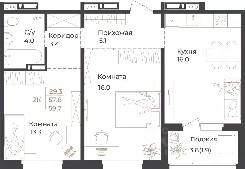 2-к кв. Алтай, Горно-Алтайск Дом 1824 жилой комплекс (59.7 м) - Фото 1