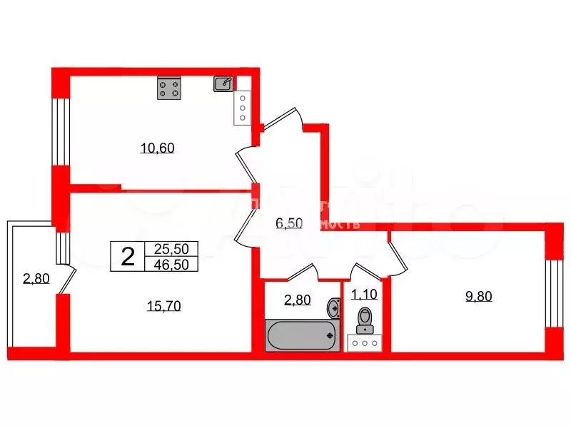 2-к. квартира, 46,5 м, 3/9 эт. - Фото 0