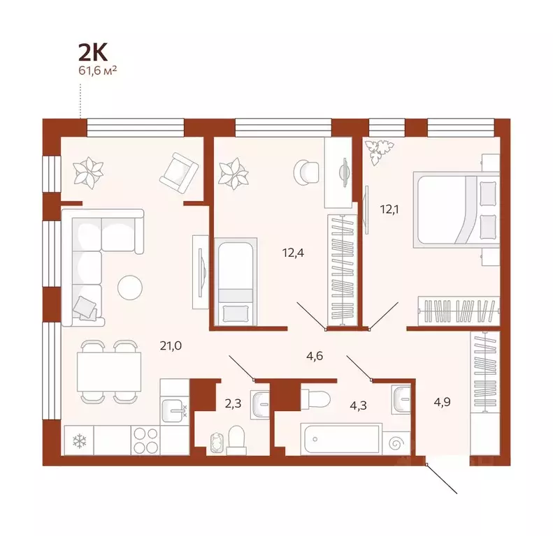 2-к кв. Тюменская область, Тюмень ул. Новаторов, 30 (61.59 м) - Фото 0