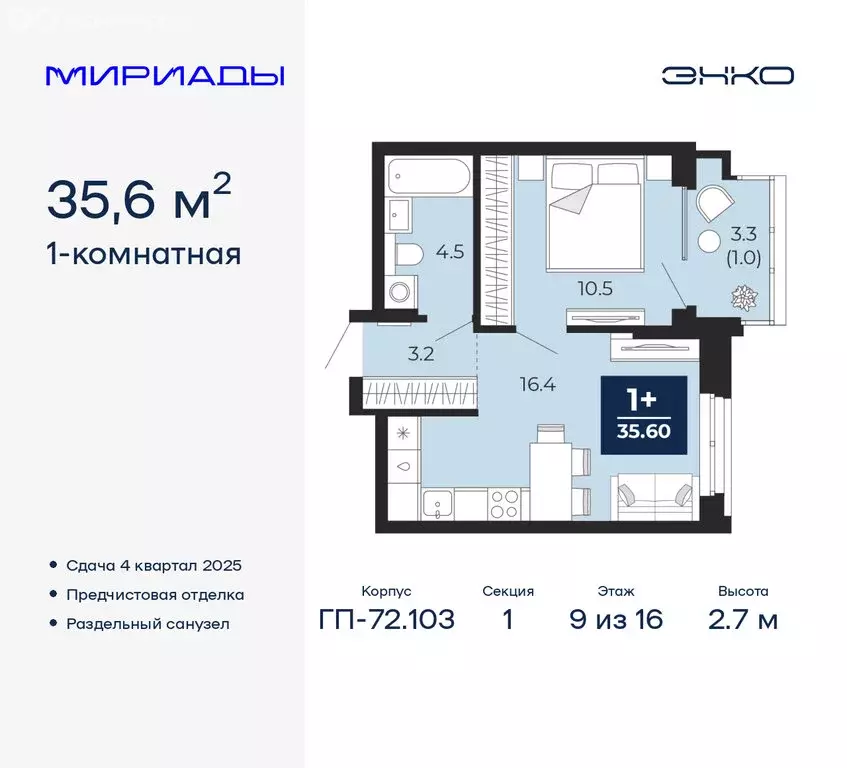 1-комнатная квартира: Тюмень, ЖК Мириады (35.6 м) - Фото 0