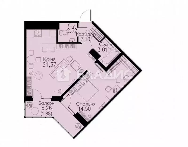 1-комнатная квартира: Мурино, Романовская улица, 2 (44 м) - Фото 0