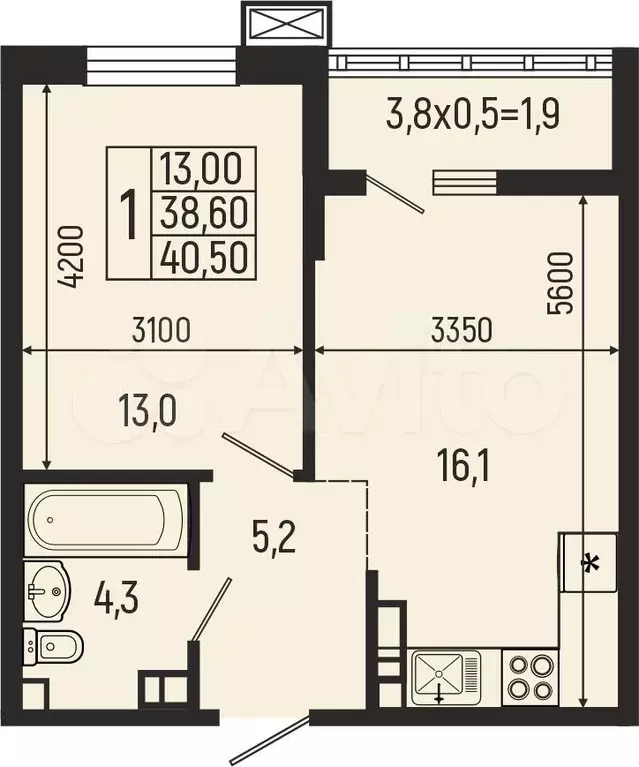 1-к. квартира, 40,5м, 4/5эт. - Фото 0