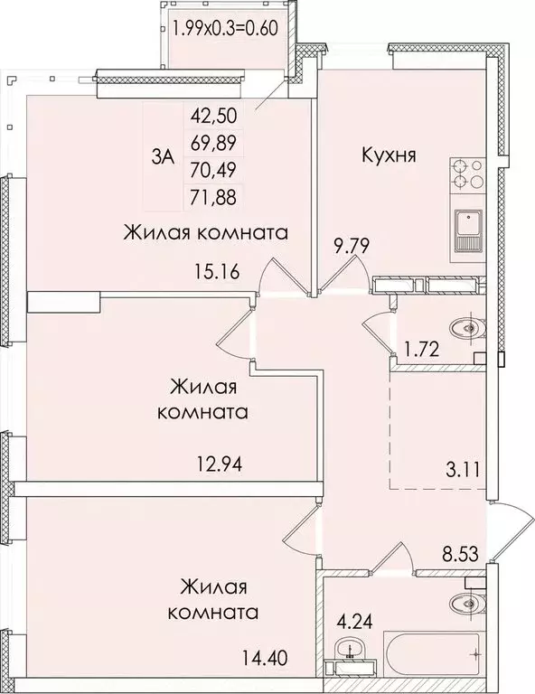 3-комнатная квартира: Ростов-на-Дону, проспект Сиверса, 12Д (70.49 м) - Фото 0