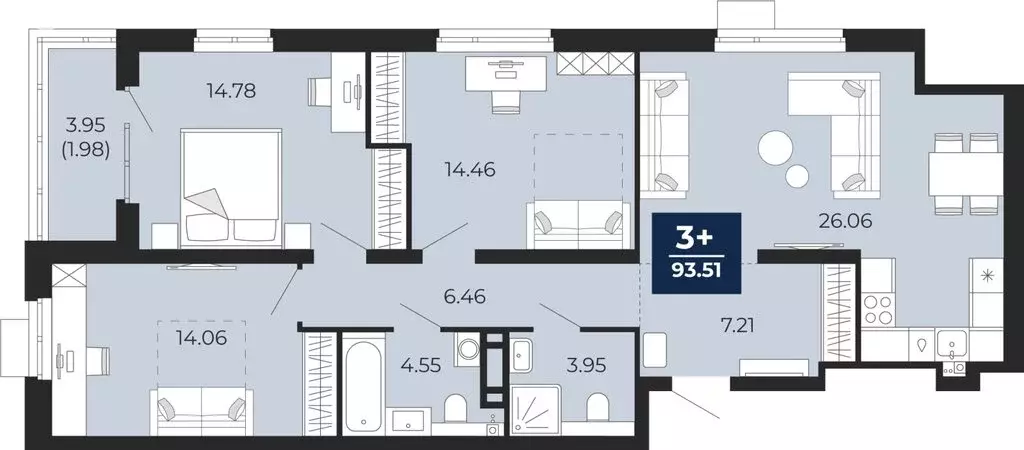 3-комнатная квартира: Тюмень, Арктическая улица, 6 (91.53 м) - Фото 0