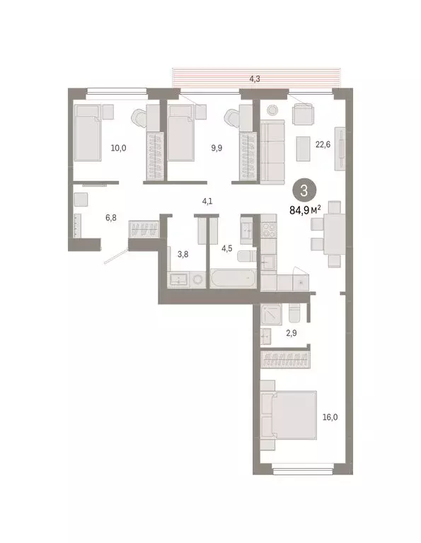 3-комнатная квартира: Новосибирск, квартал Лебедевский, 1/3 (84.9 м) - Фото 2