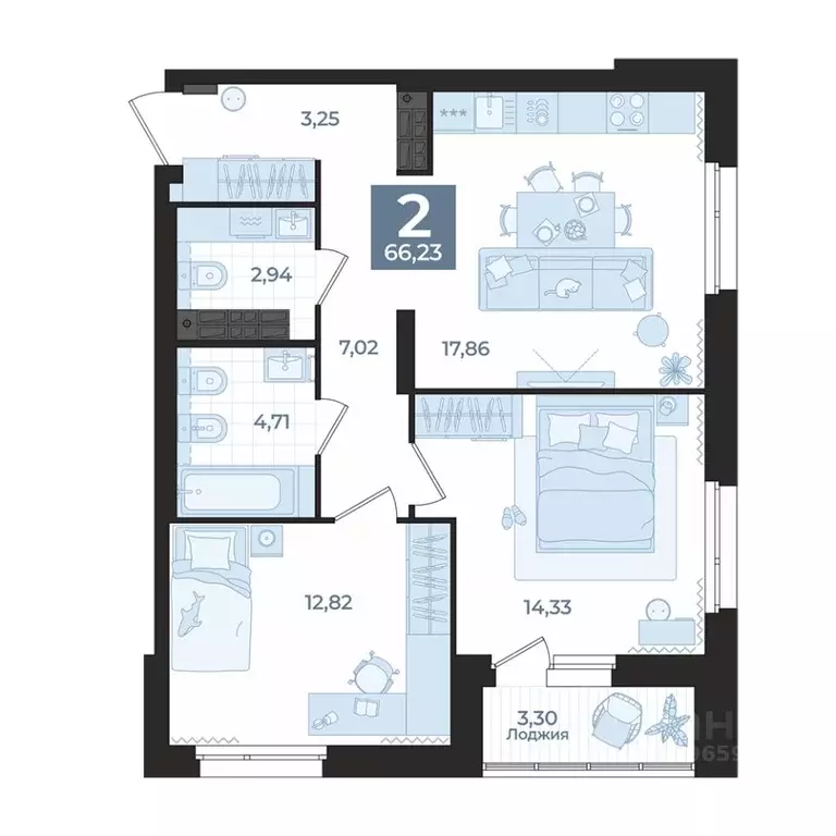 2-к кв. Свердловская область, Екатеринбург ул. Викулова, 41Б (66.23 м) - Фото 1