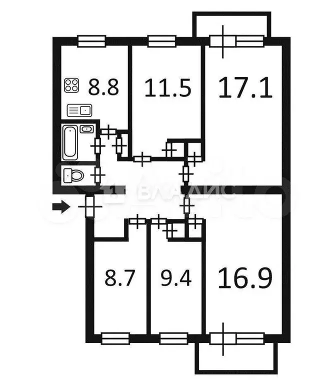 5-к. квартира, 86,6 м, 4/5 эт. - Фото 0