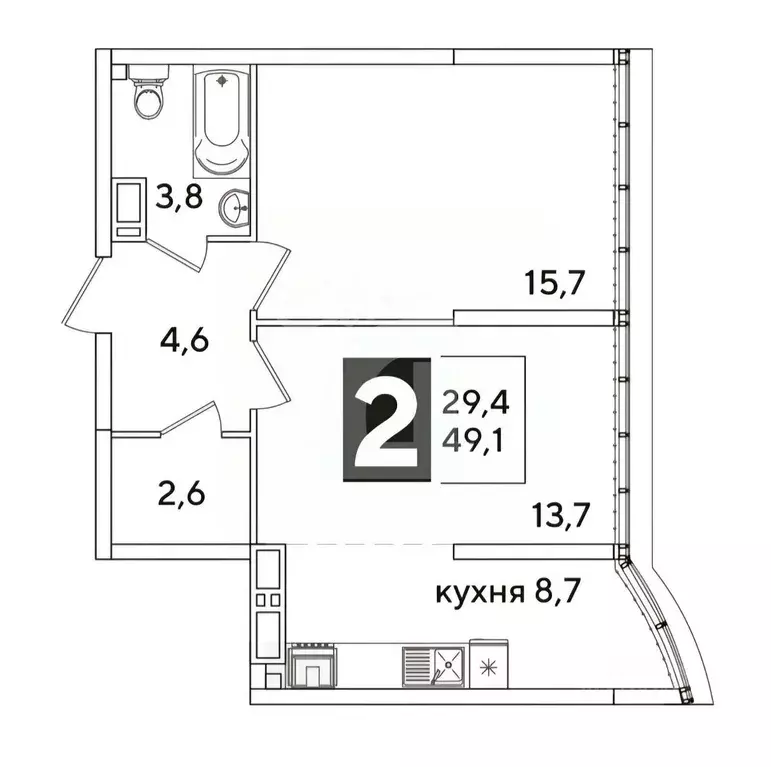 2-к кв. Краснодарский край, Краснодар ул. Ивана Беличенко, 90к2 (49.1 ... - Фото 2