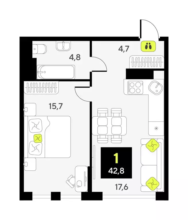 1-комнатная квартира: Тюмень, улица Ивана Чистякова, 3 (42.8 м) - Фото 1