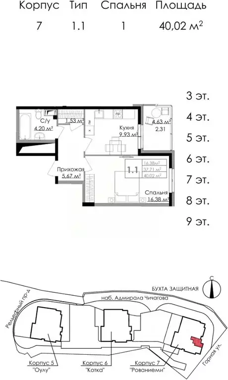 1-к кв. Ленинградская область, Выборг наб. Адмирала Чичагова, 6 (41.0 ... - Фото 0